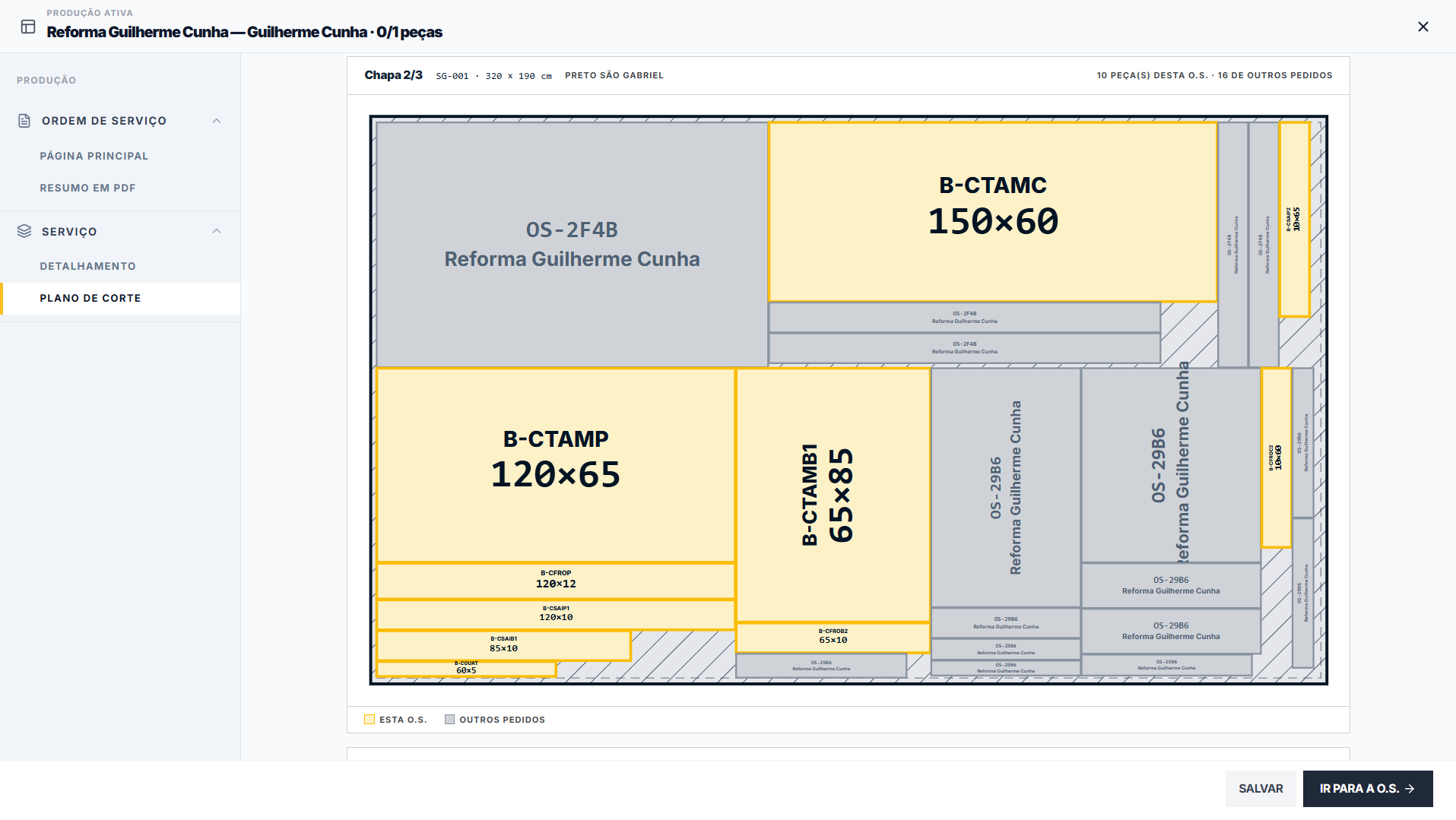 Plano de corte do HEROGRAN com peças desta O.S. em amarelo e de outros pedidos em cinza