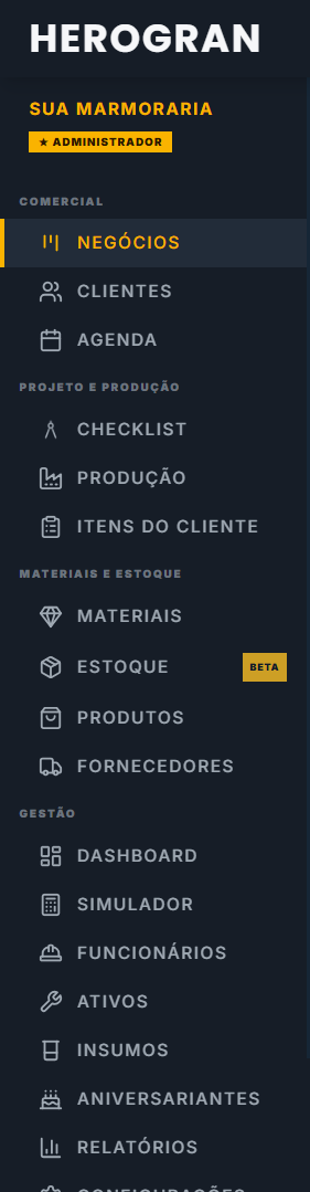 Menu lateral do HEROGRAN organizado por módulos: comercial, projeto e produção, materiais e estoque, gestão