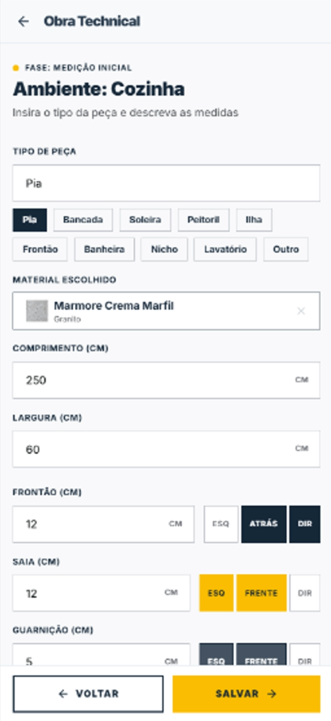Aplicativo mobile para marmoraria — cadastro de peças e medidas técnicas no HEROGRAN