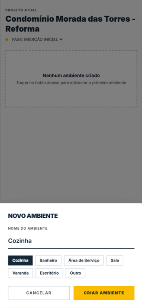 Aplicativo mobile para marmoraria — criação de ambiente no checklist de obra HEROGRAN