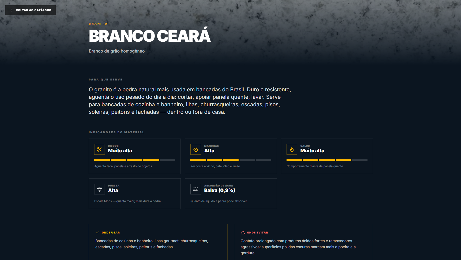 Ficha pública do granito Branco Ceará com indicadores, onde usar e onde evitar
