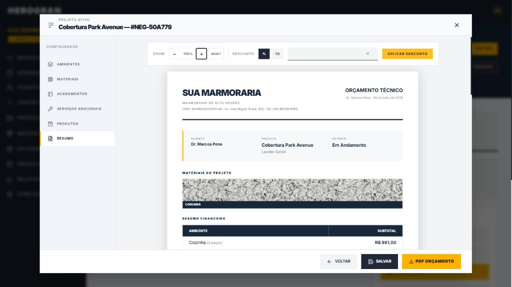 Orçamento técnico para marmoraria — resumo com desconto, materiais e exportação em PDF no HEROGRAN