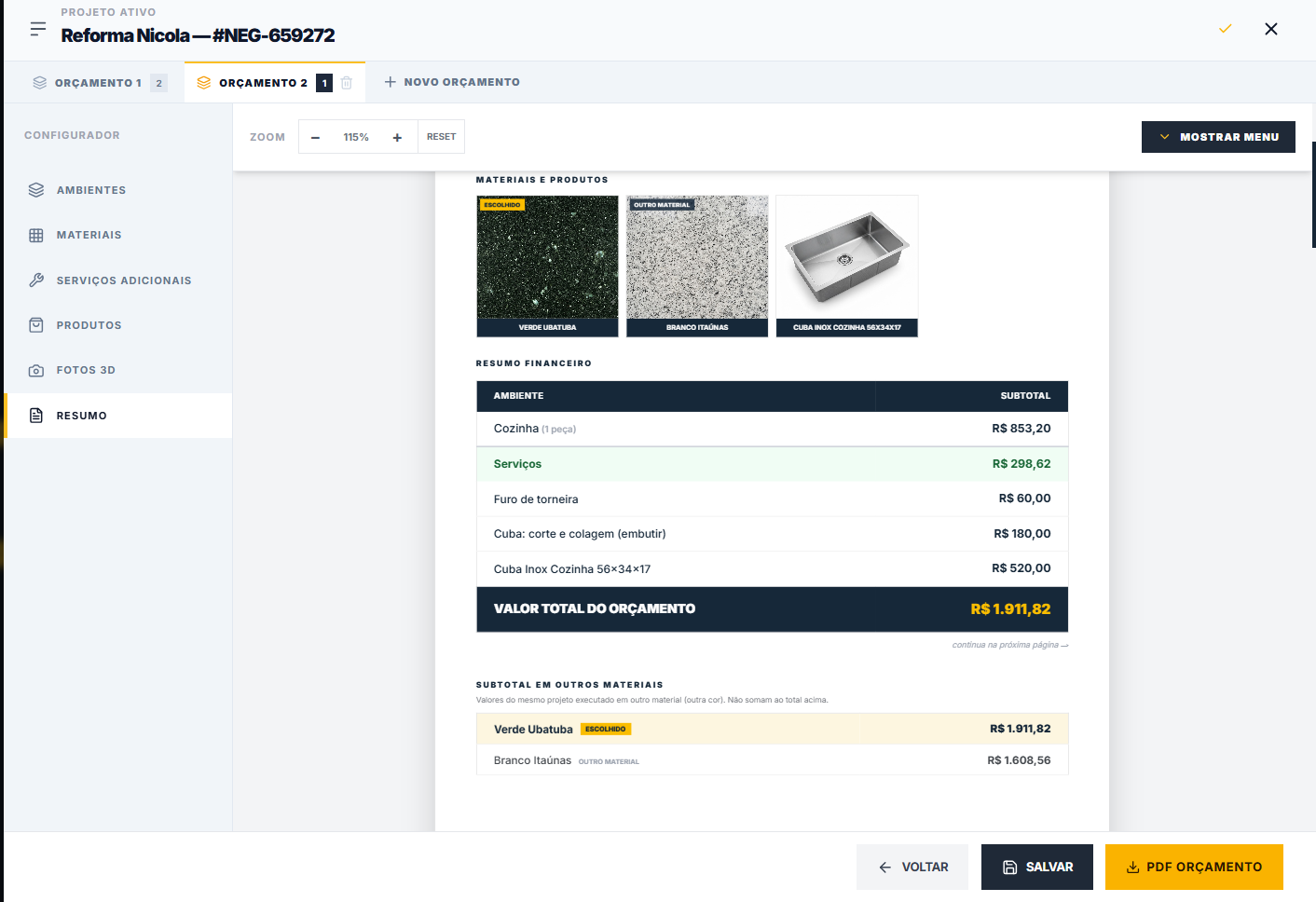 Resumo do orçamento HEROGRAN com comparação de valor entre materiais