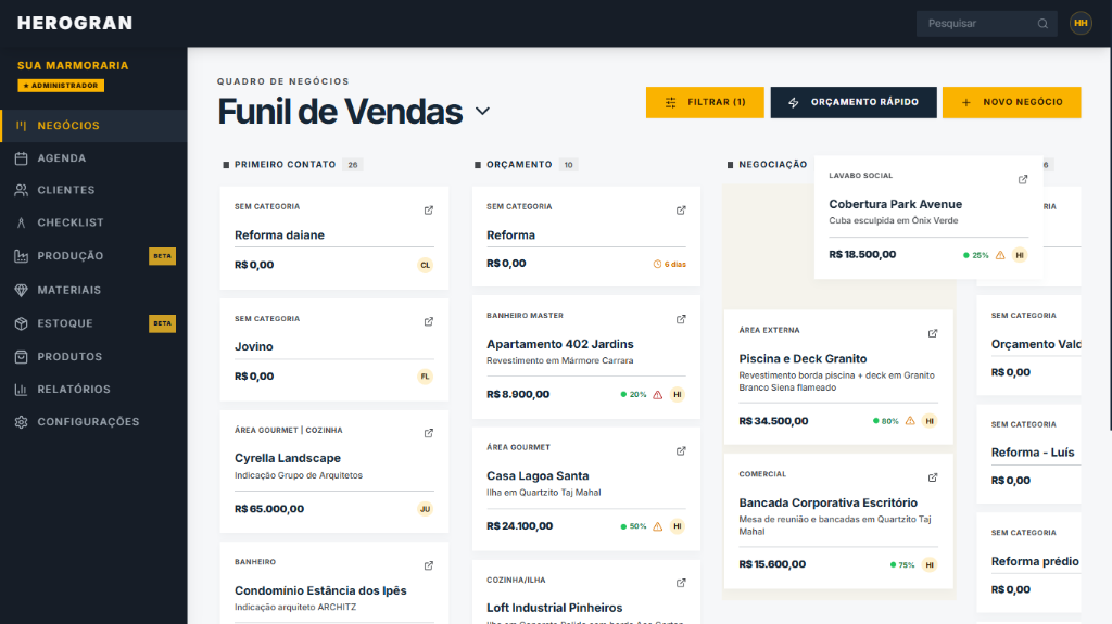 CRM para marmoraria — funil de vendas com quadro de negócios do HEROGRAN