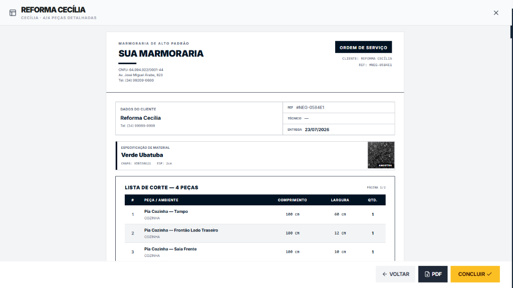 Ordem de serviço para marmoraria — preview com dados do cliente, material e lista de corte no HEROGRAN