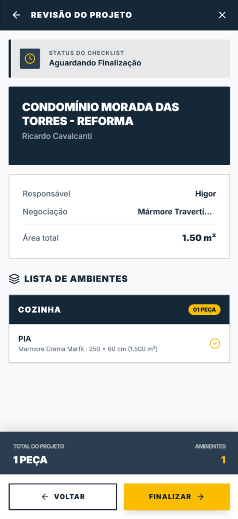 Aplicativo mobile para marmoraria — revisão de projeto e peças no checklist HEROGRAN