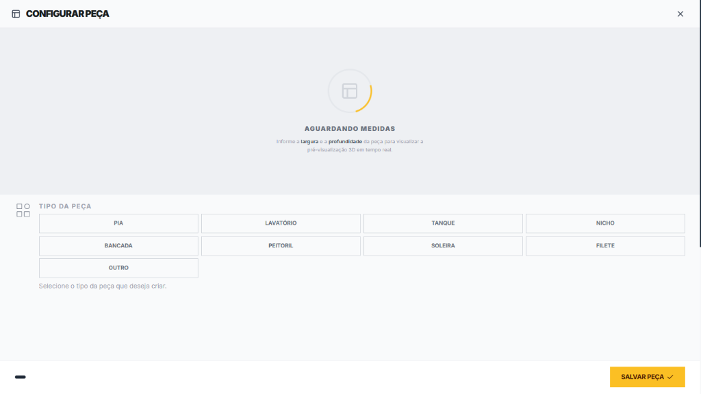 Configurador 3D para marmoraria — seleção do tipo de peça: pia, bancada, nicho, soleira