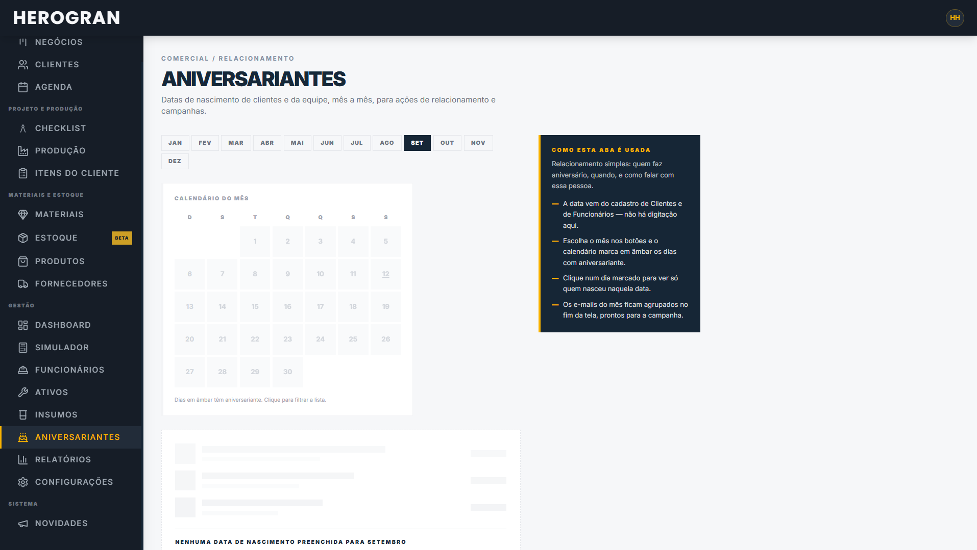 Tela de Aniversariantes com calendário mensal de clientes e equipe