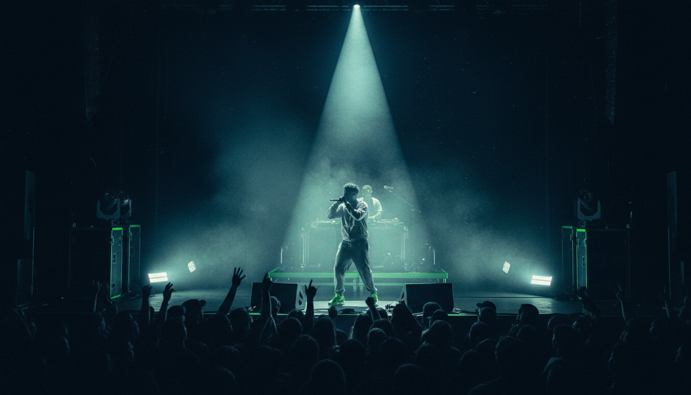 High-energy live hip-hop concert with dramatic lighting