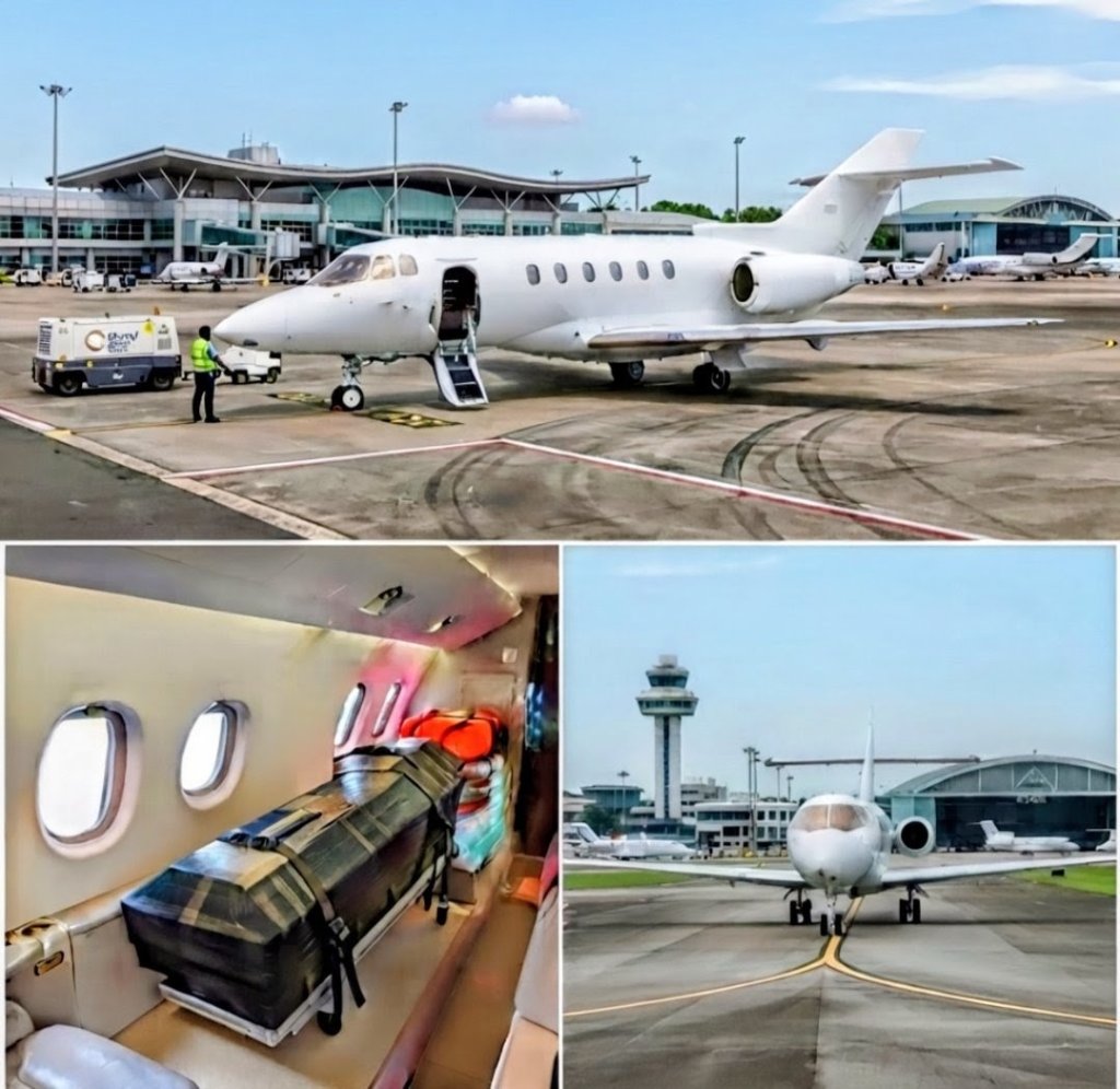 Private jet repatriation aircraft on tarmac with private terminal handling and secured cabin interior