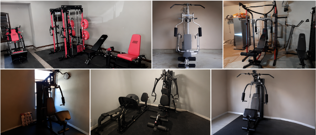 Home gym assembly examples in Oklahoma City - showing various complete garage gym setups with functional trainers, cable machines, exercise bikes, and weight benches assembled by Redhawk Handyman