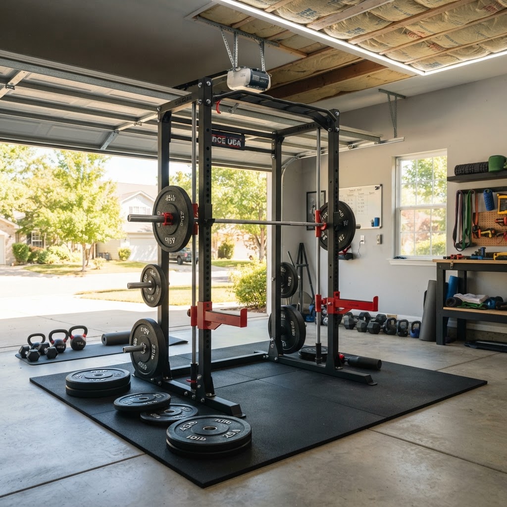 Home garage gym with a Smith machine featuring a guided barbell on vertical rails, safety stops, and weight plates