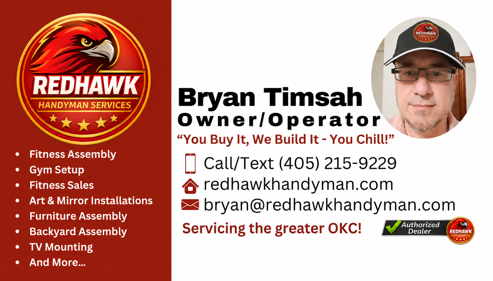 Virtual business card for Redhawk Handyman Services, an Oklahoma City handyman and assembly service offering fitness equipment assembly, gym setup, fitness sales, art and mirror installation, furniture assembly, backyard assembly, TV mounting, and more across the greater OKC metro.