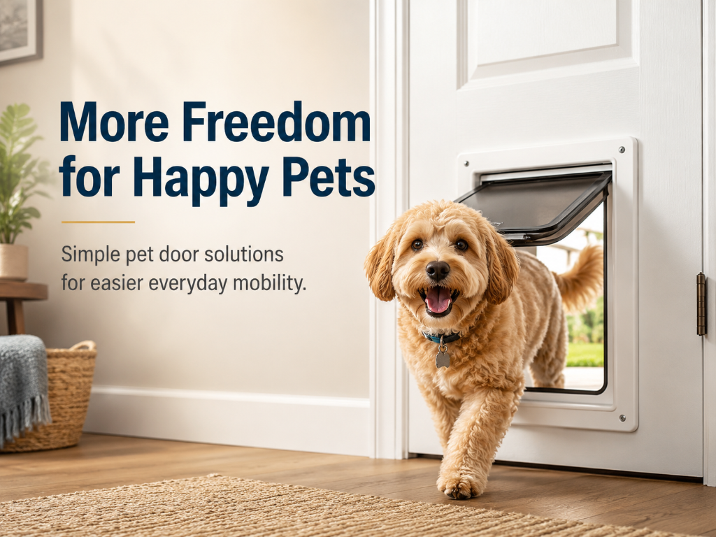 Happy dog coming through installed pet door - More Freedom for Happy Pets with Redhawk Handyman