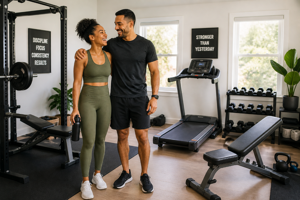 Happy couple enjoying their professionally assembled home gym in Oklahoma City — power rack, treadmill, dumbbells set up by Redhawk Handyman