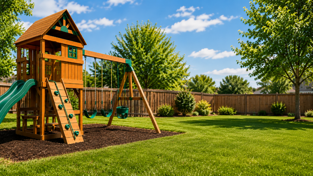 Professional playset and swing set assembly in Oklahoma City — wooden backyard playground with slide, swings, and climbing ramp
