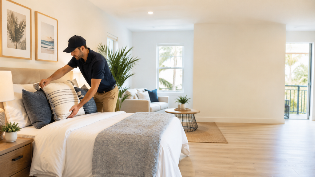 Furnished short-term rental living area prepared for Airbnb setup in Oklahoma City