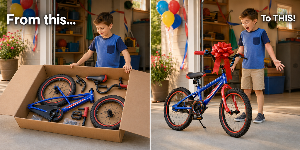 Before-and-after birthday gift assembly showing a boxed bicycle and a fully assembled bicycle with a bow