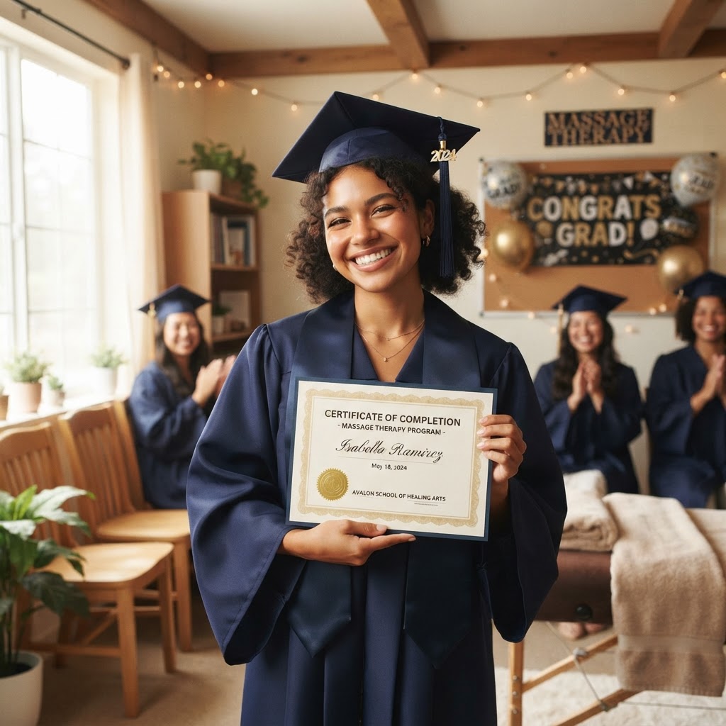 Egresada de Masaje Terapéutico con su diploma