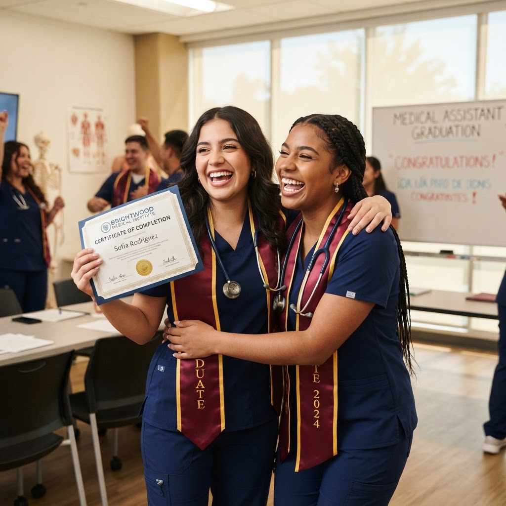 Dos egresadas de Asistente Médico celebrando con su certificado
