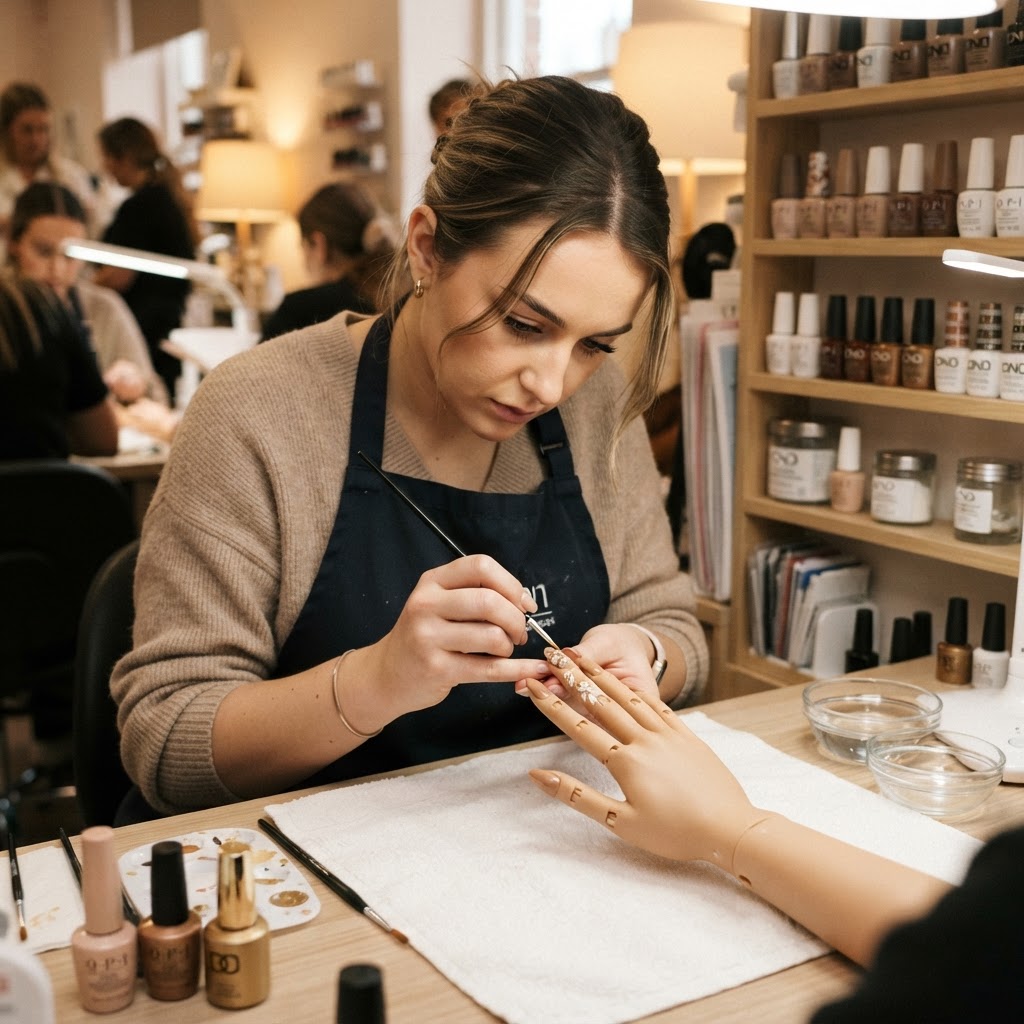 Estudiante practicando diseño de uñas