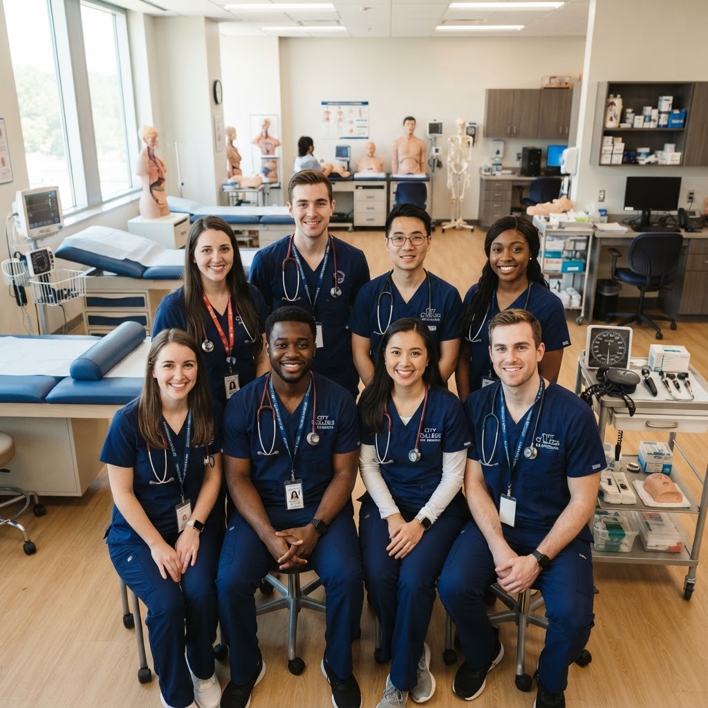 Grupo de estudiantes de Asistente Médico en el laboratorio clínico