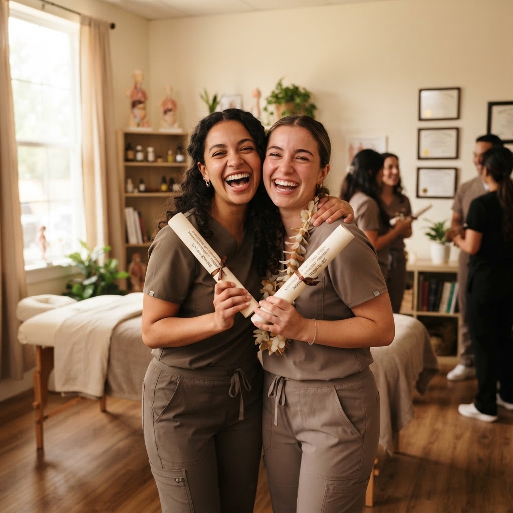 Dos egresadas celebrando con su certificado
