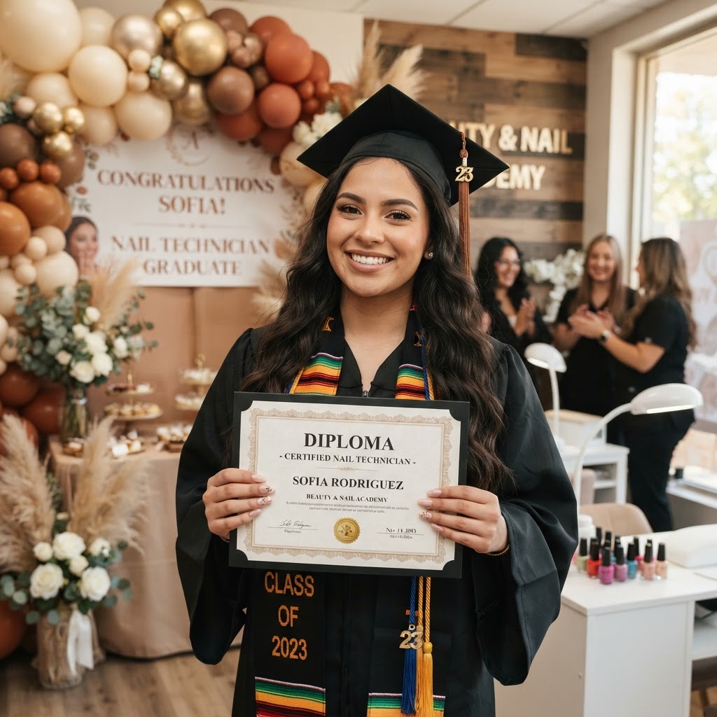 Egresada de Técnico de Uñas con su diploma