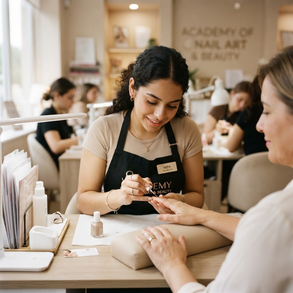 Estudiante de Técnico de Uñas practicando una manicura