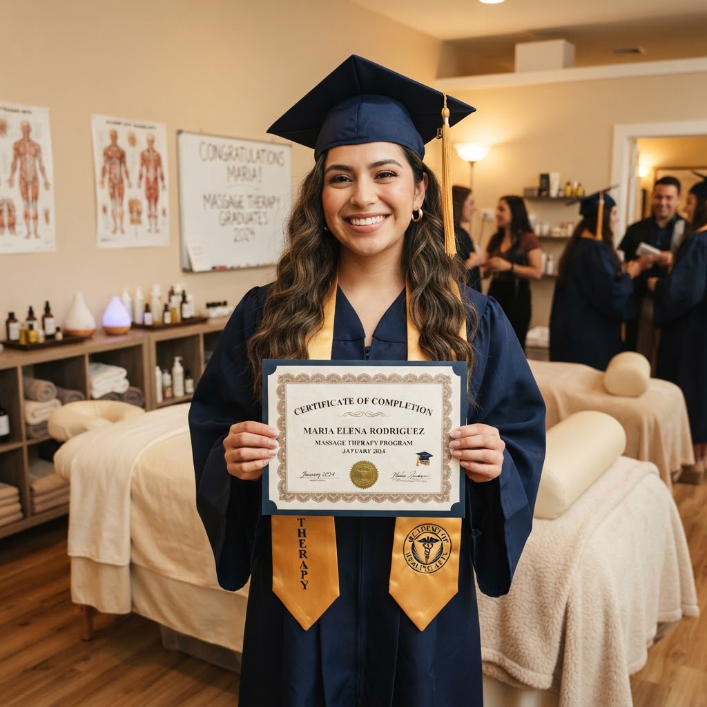 Egresada mostrando su certificado