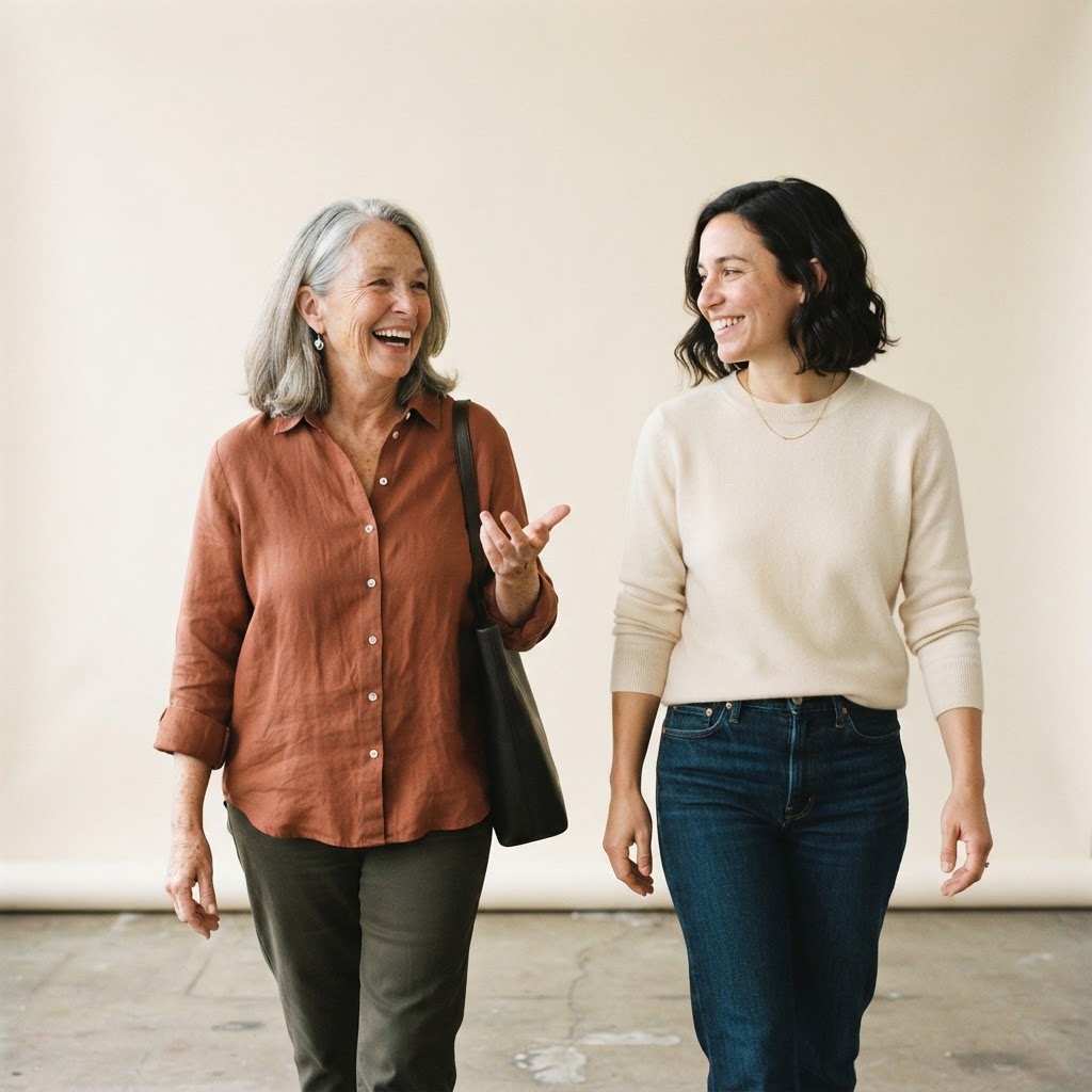 An older adult and a friend walking through a suburban park