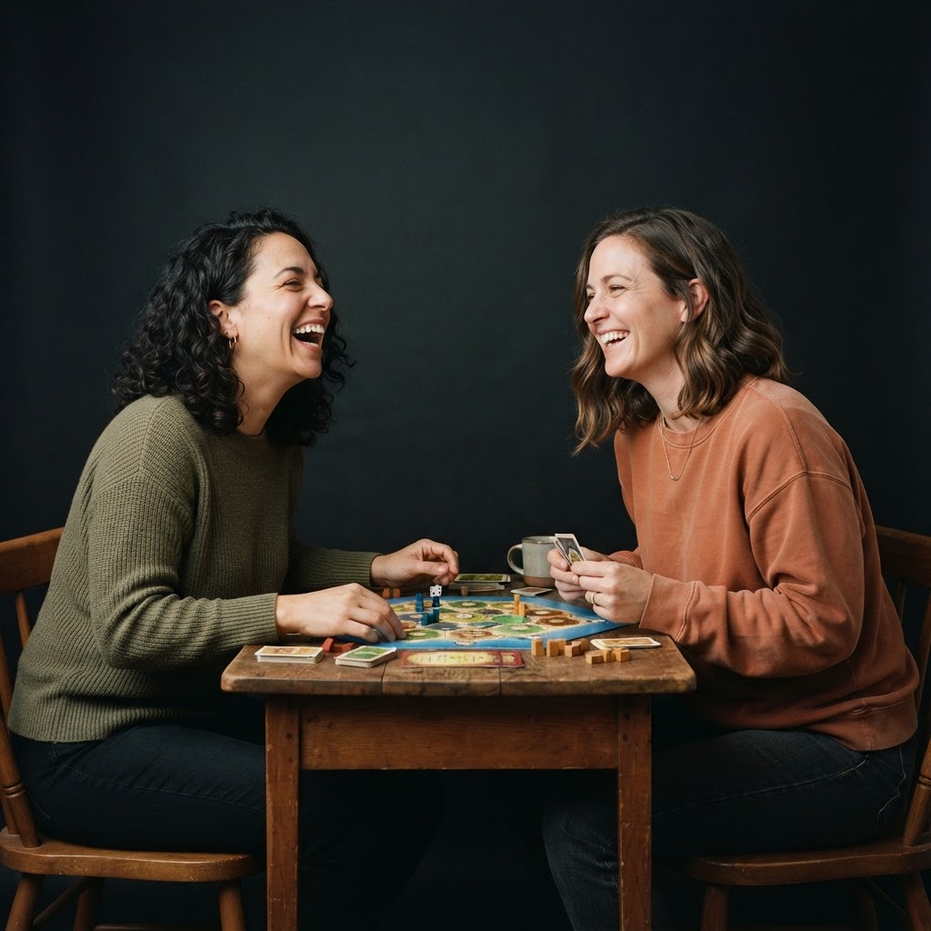 Two adults playing a board game at a kitchen table