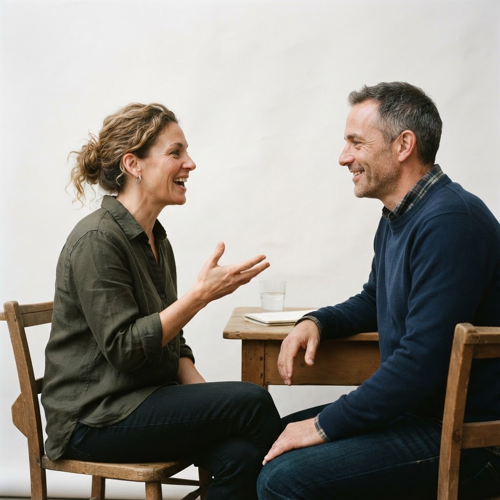 Two adults chatting at an outdoor café