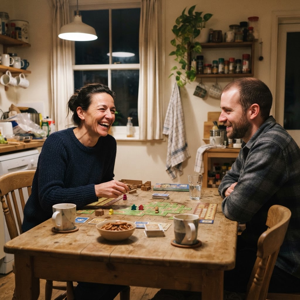 Two adults playing a board game at a kitchen table