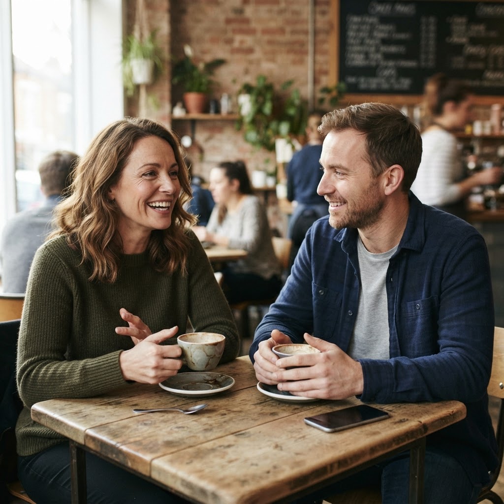 Two adults chatting at an outdoor café