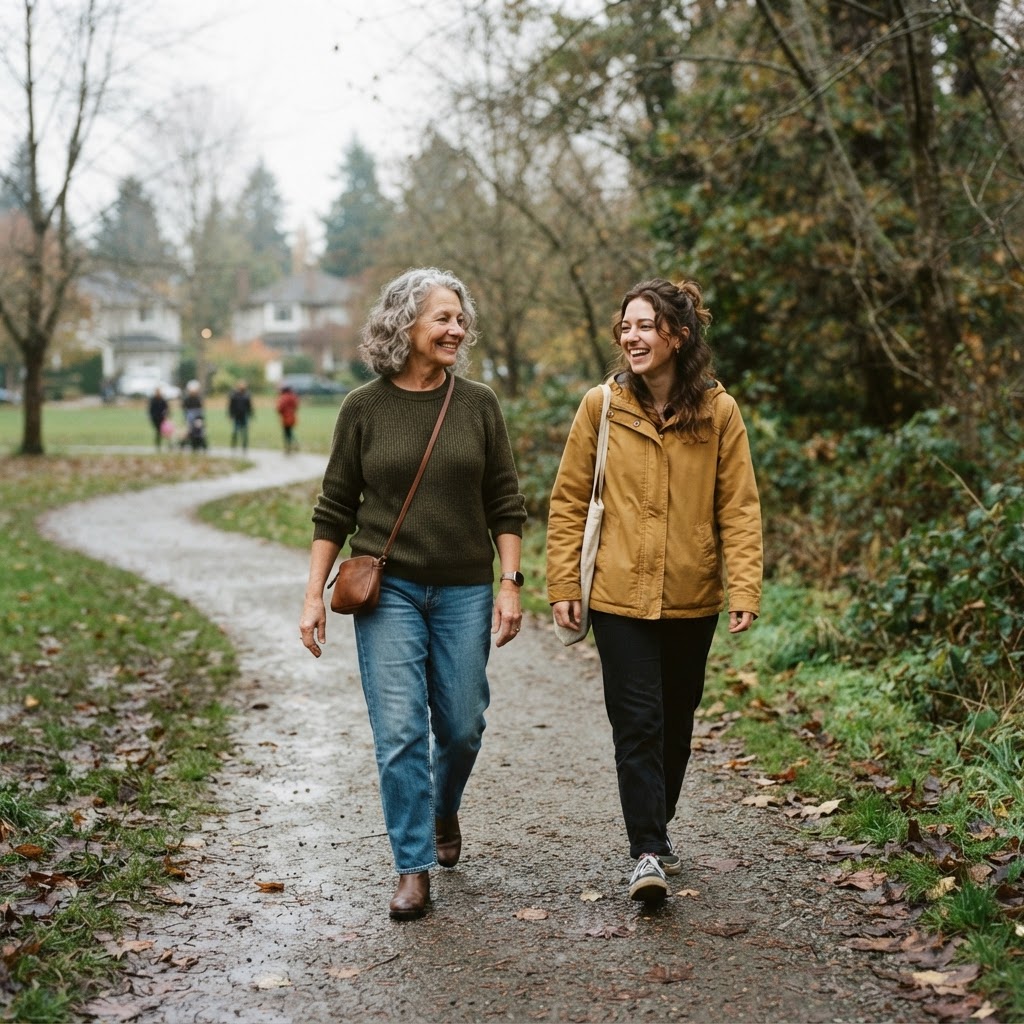 An older adult and a friend walking through a suburban park