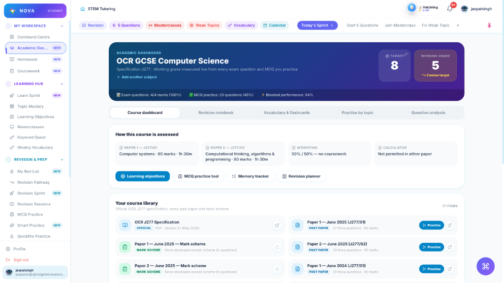 Nova Academic Dashboard showing target grade, working grade, course library and exam practice tools