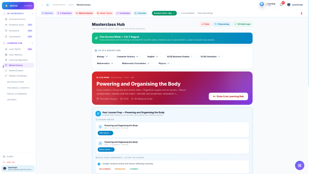 Nova Masterclass Hub showing a live GCSE Biology masterclass, subject hubs and lesson checks