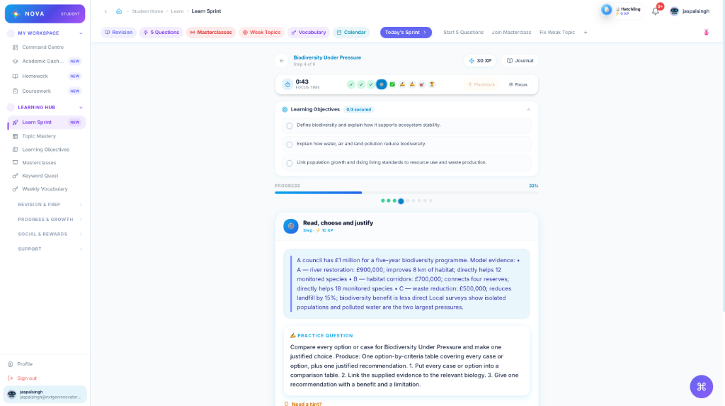 Nova Learn Sprint showing learning objectives, progress and a guided practice question