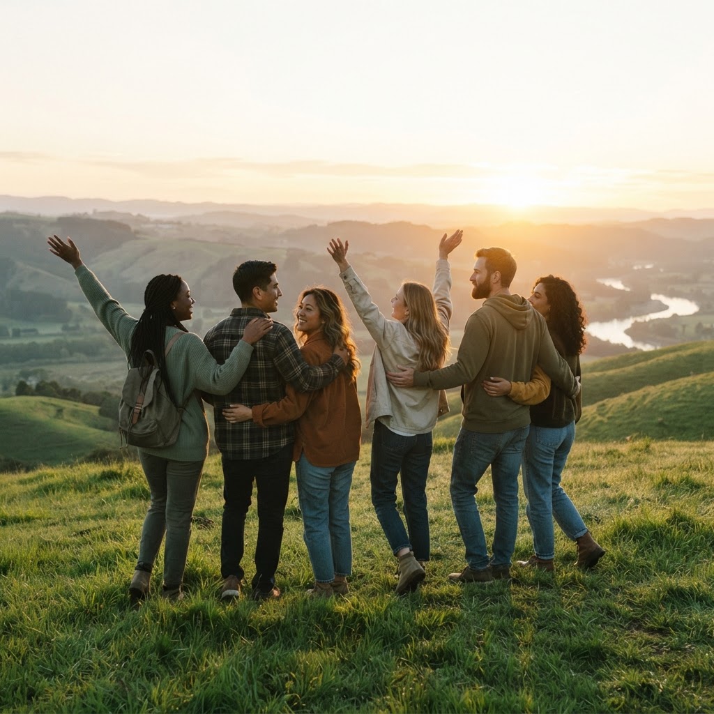 Menschen in der Morgensonne auf einem grünen Hügel