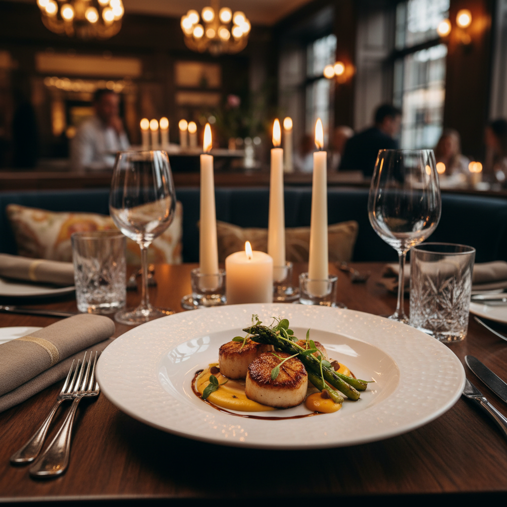 Beautifully plated dishes on a restaurant table with warm ambiance lighting
