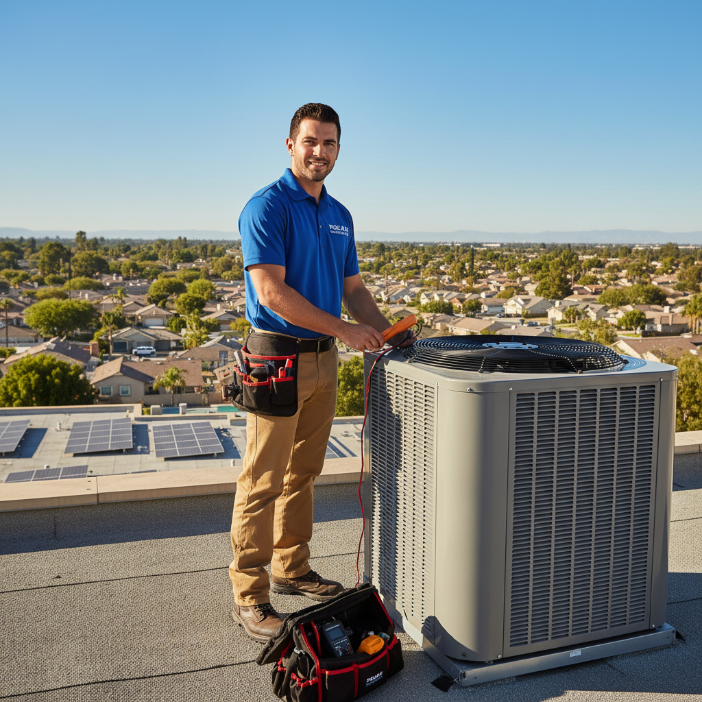 HVAC technician servicing an air conditioning unit at a residential home