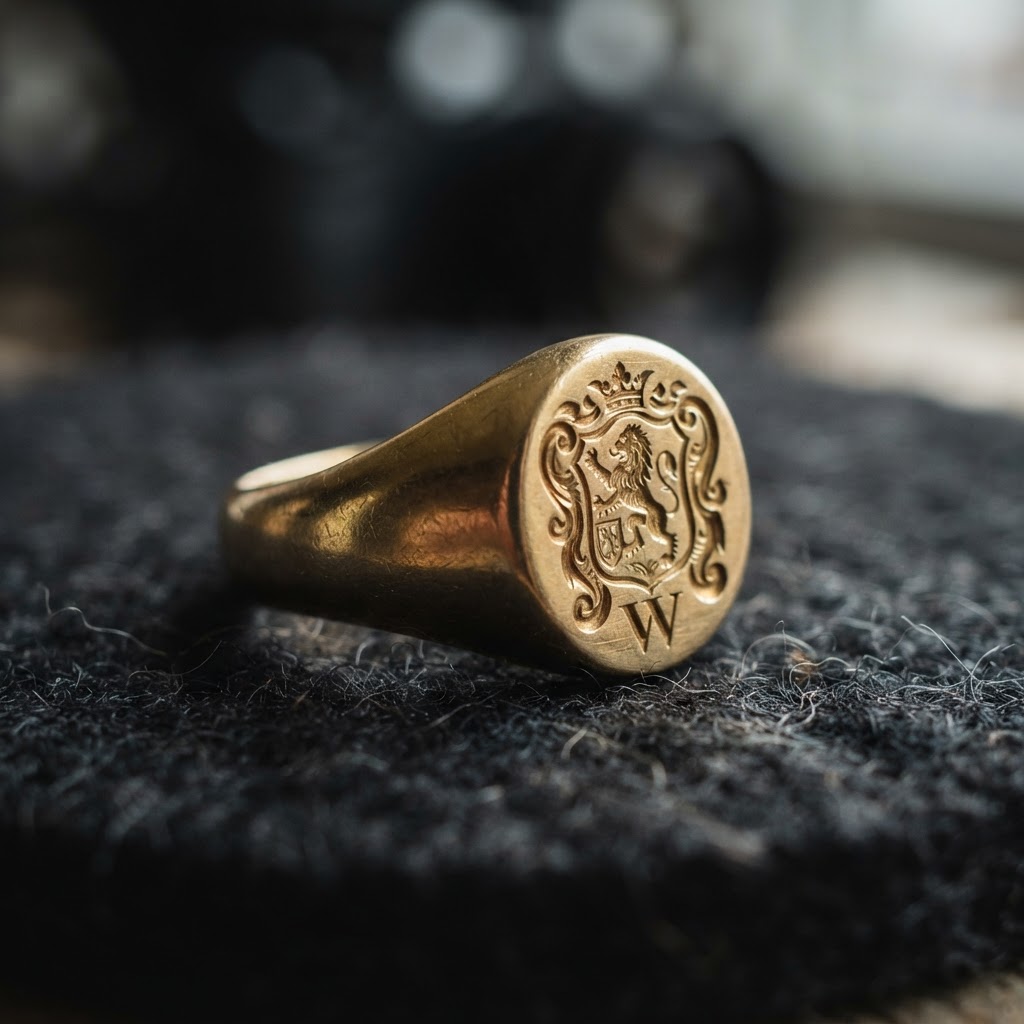 Heavy engraved gold signet ring on a jeweller's felt pad in Southport