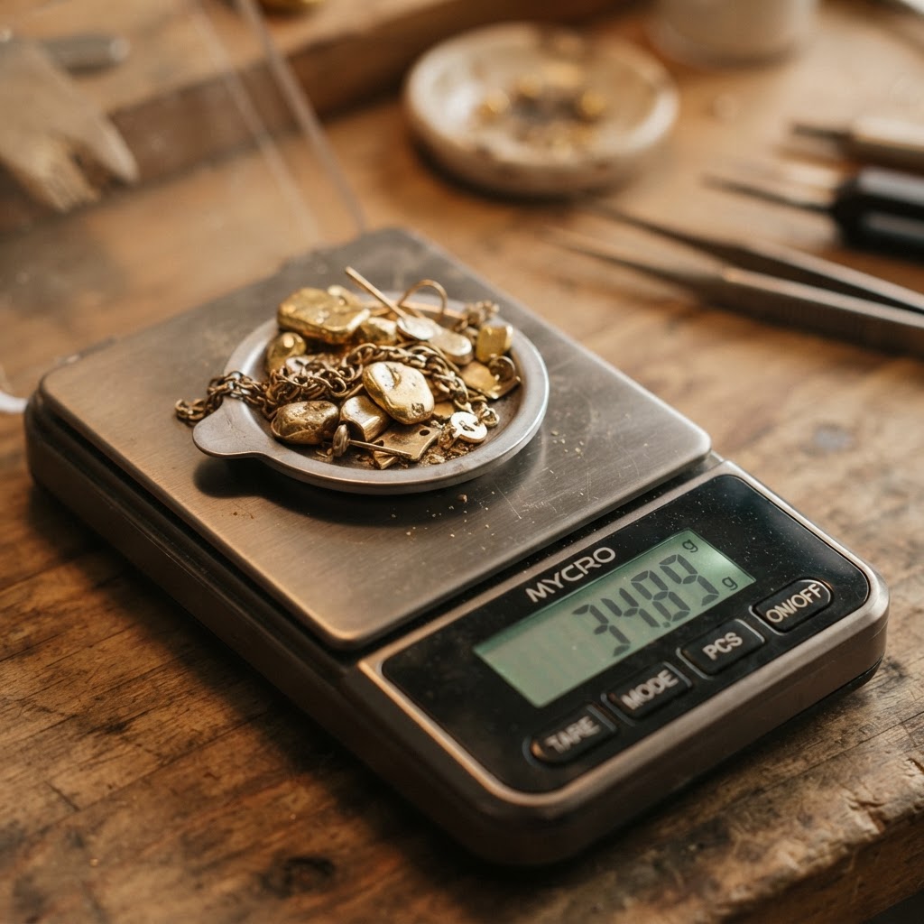 Gold scrap on a precision digital jeweller's scale in Southport