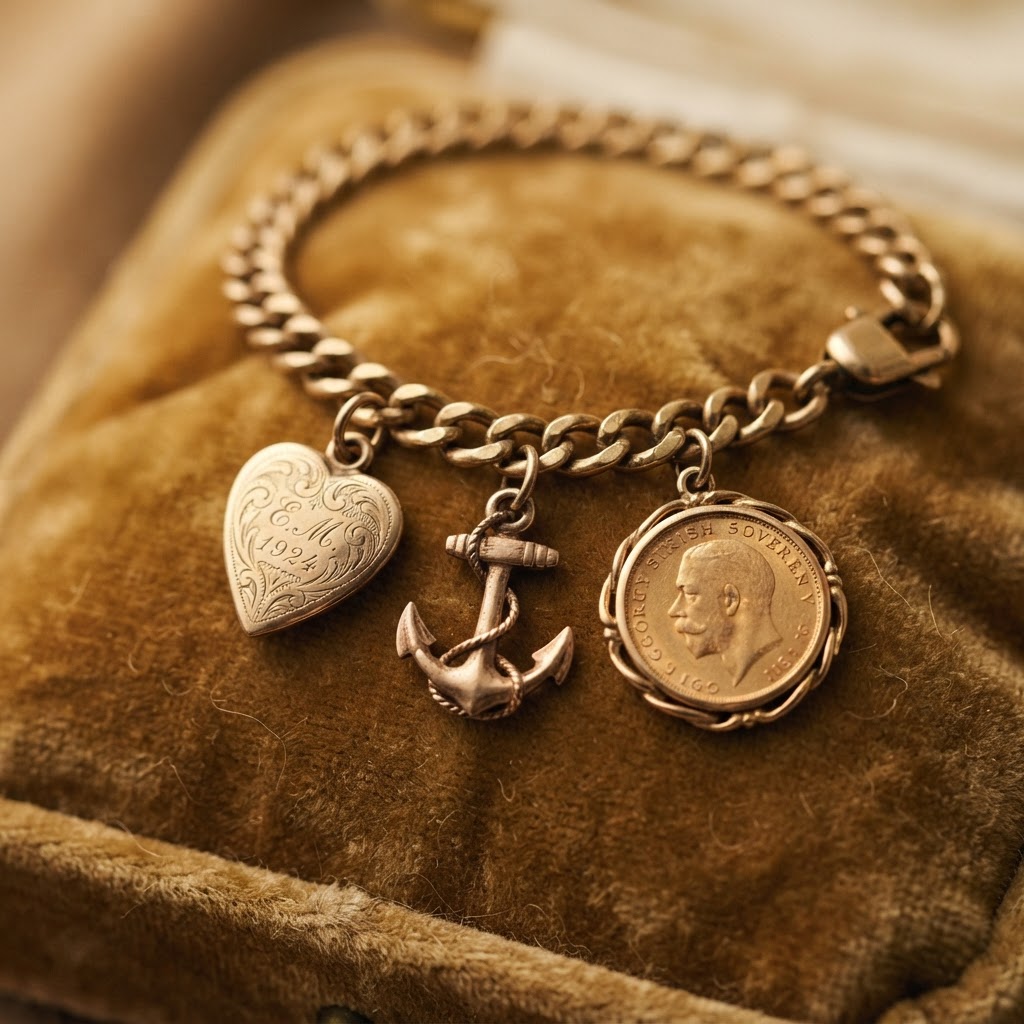 Vintage gold charms on a charm bracelet in Southport