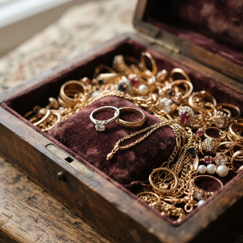 Open jewellery box filled with assorted gold in Southport