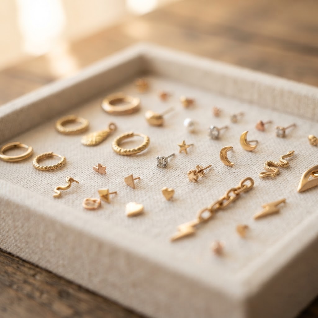 Single mismatched gold earrings and studs on a jeweller's tray in Southport