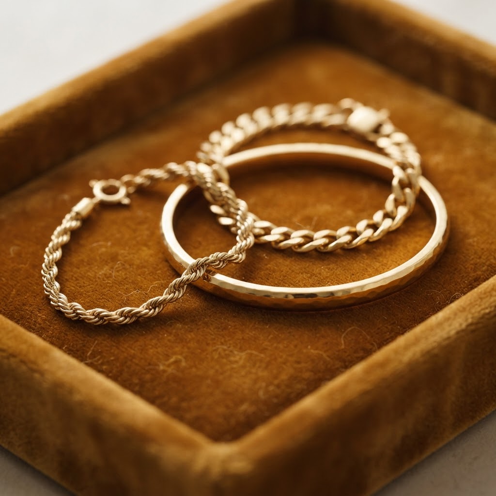 Assorted gold bracelets and bangles on a velvet tray in Southport