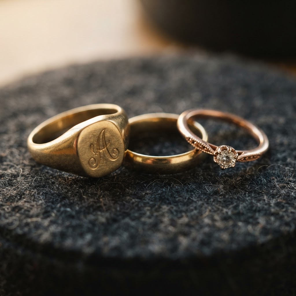 Assorted gold signet, wedding and dress rings on a jeweller's felt pad in Southport
