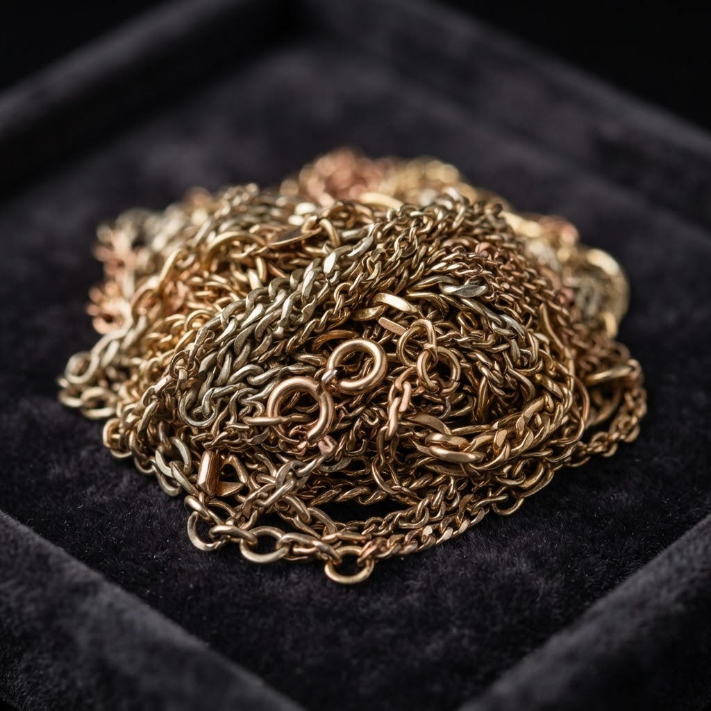 Tangled broken 9ct and 18ct gold chains on a jeweller's tray in Southport